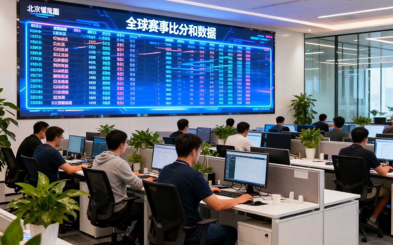 懂球圈位于北京望京的现代化办公室内景，开放式工位布局，墙面上巨大的LED屏幕实时滚动显示全球赛事比分和数据，数十名工程师专注工作。