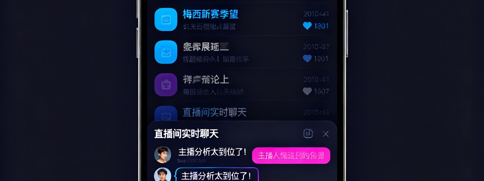 懂球圈球迷社区的手机端界面展示，包含热门讨论帖列表和直播间实时聊天窗口，界面设计简洁现代，深色主题搭配霓虹色点缀。